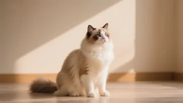 布偶猫蹲坐在地板上