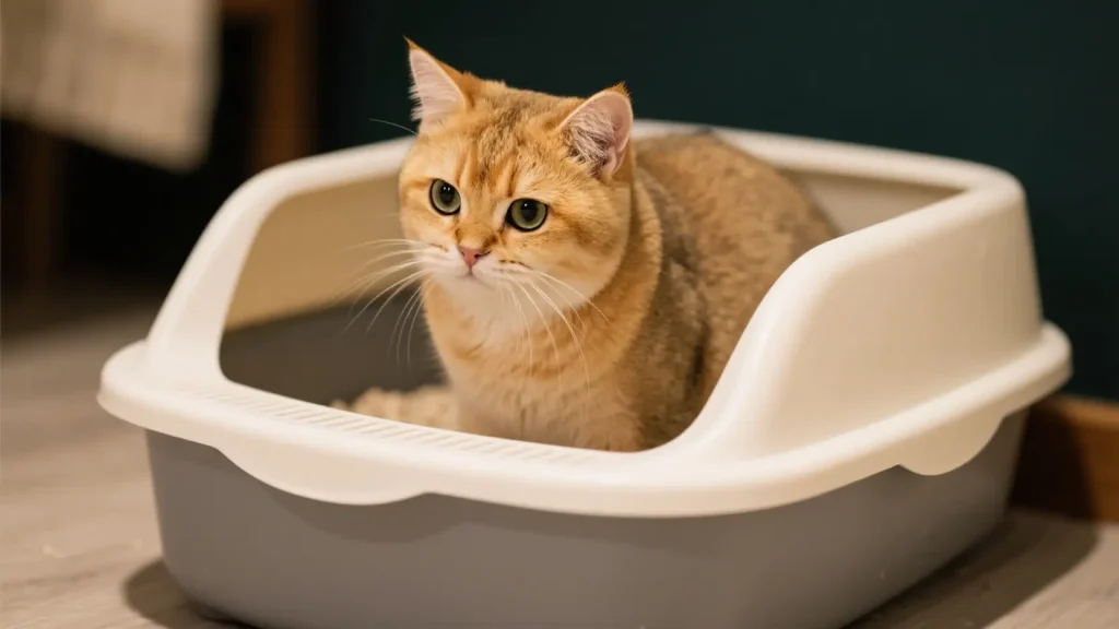 一只金渐层英国短毛猫在猫砂盆里1