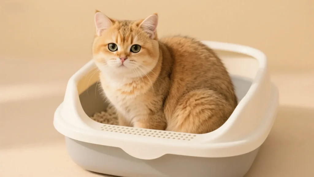 一只金渐层英国短毛猫在猫砂盆里1