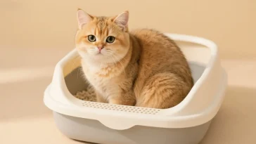 一只金渐层英国短毛猫在猫砂盆里1