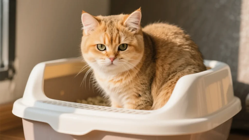 一只金渐层英国短毛猫在猫砂盆里1