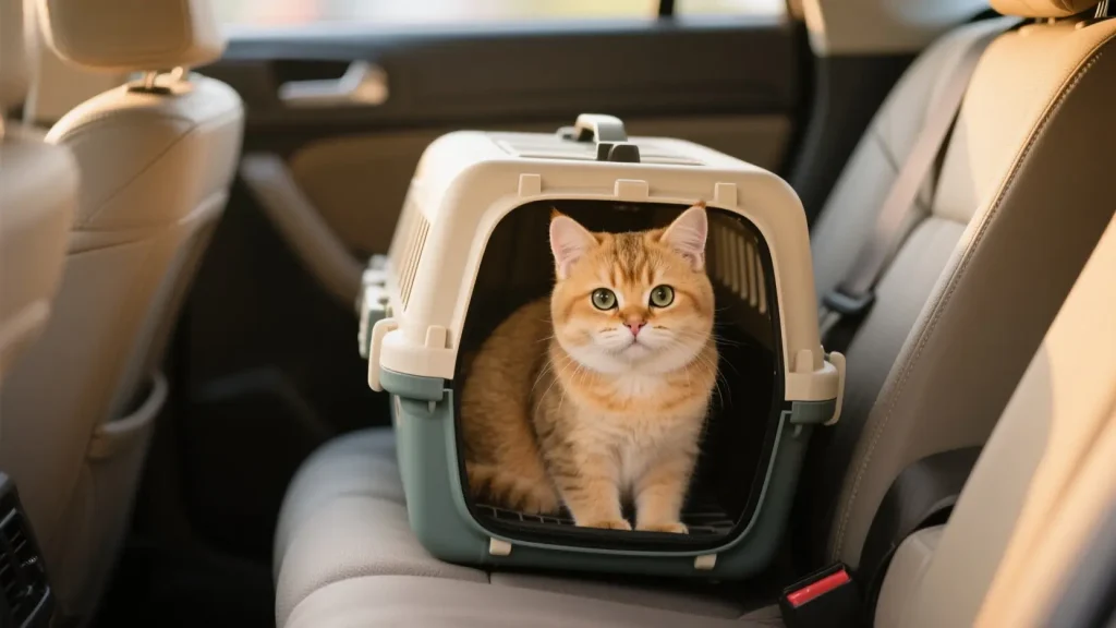 一只金渐层关在航空箱里，航空箱放在车的后座