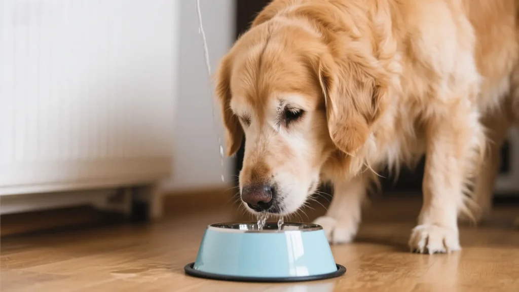 一只金毛狗在家里用碗喝水