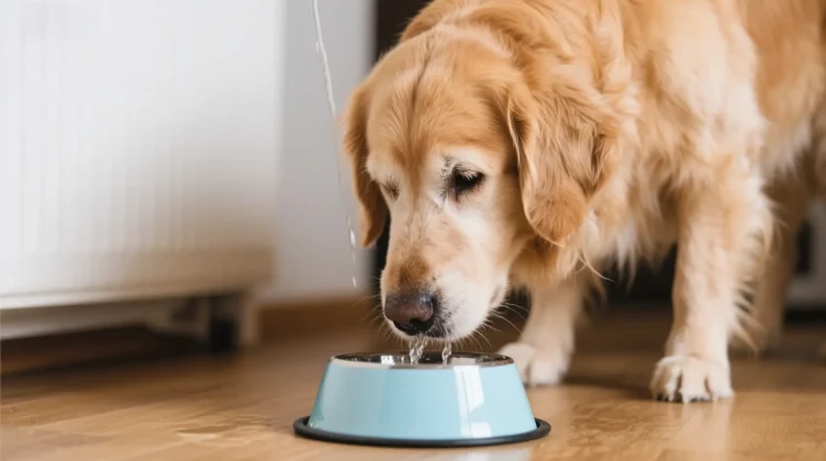 一只金毛狗在家里用碗喝水