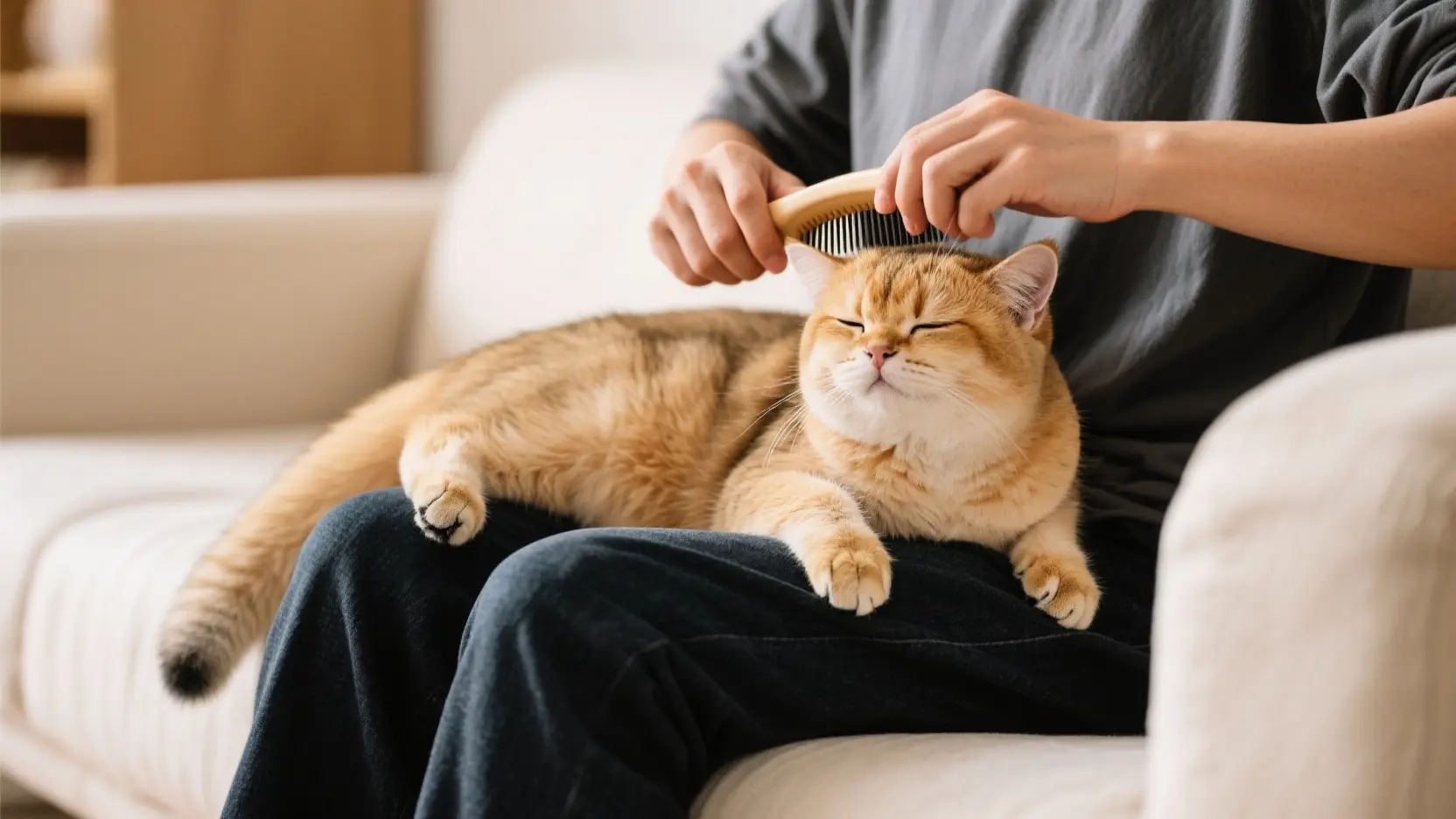 主人坐在沙发上给金渐层梳毛，金渐层趴在主人腿上享受的样子