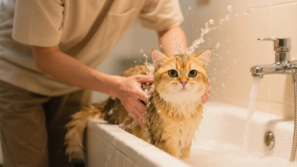 主人正在给金渐层洗澡